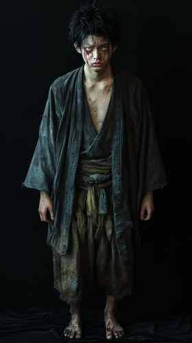 A scared Japanese man in old clothes