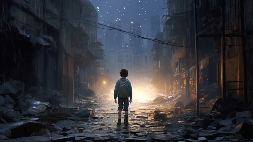 A scared boy walks through destroyed city at night