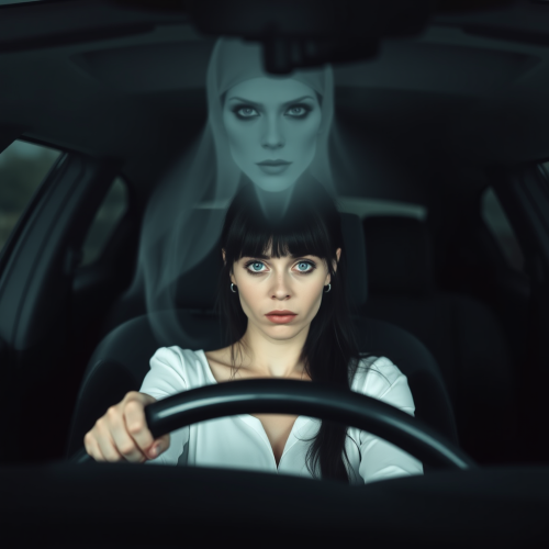 A scared lady in her car with a ghost.