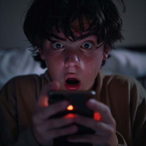 A scared man holding a phone in panic