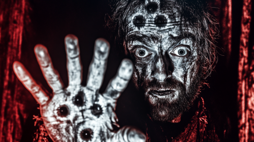 A scary demon with multiple eyes and dark skin