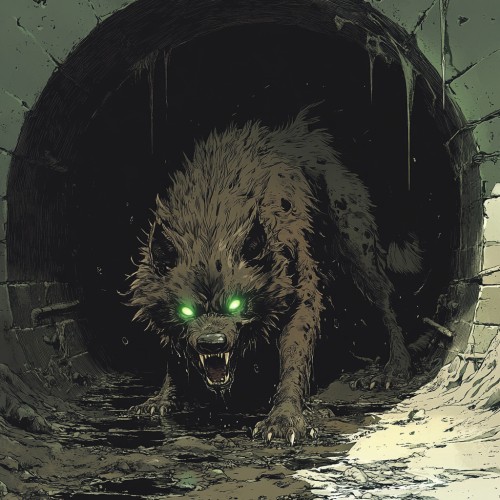 A scary wolf-like creature with green eyes in sewer