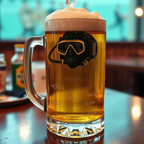 A scuba diver explores a beer mug underwater.