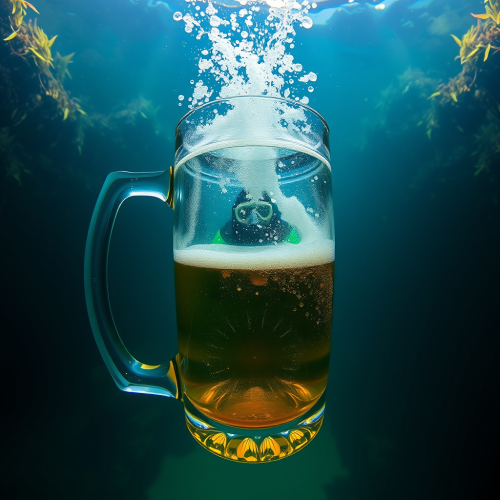 A scuba diver explores inside a giant mug.