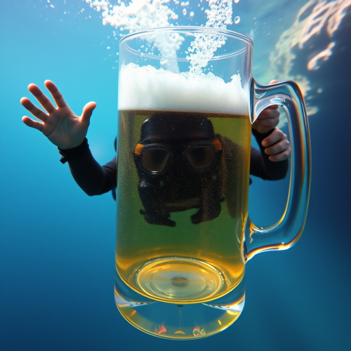 A scuba diver swimming in a beer mug.