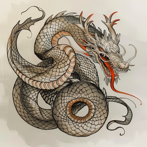 A sepia dragon with red eyes tattoo