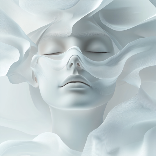 A serene face surrounded by abstract shapes, symbolizing calmness