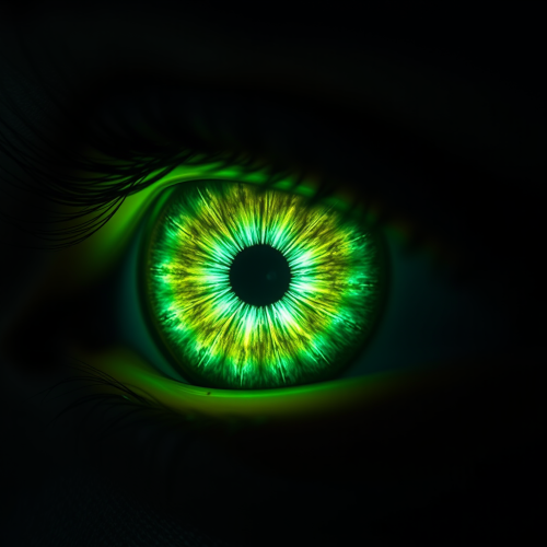 A shining green star eye in close-up photo.