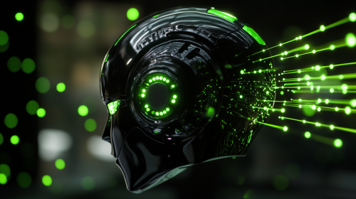 A shiny black robot head in glowing green