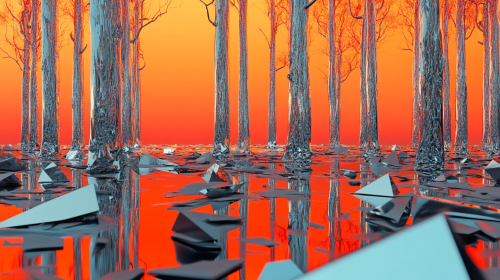 A shiny forest with trees and broken glass