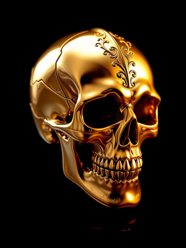 A shiny gold skull on a black background.