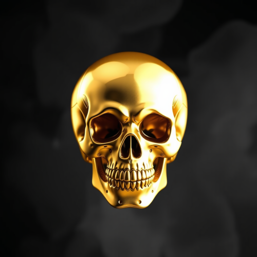 A shiny golden skull in a dark cave.