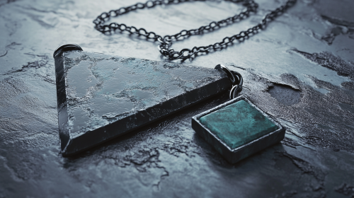 A shiny necklace with big black triangle and small square.