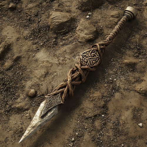 A shiny twisted root spear with runic symbol