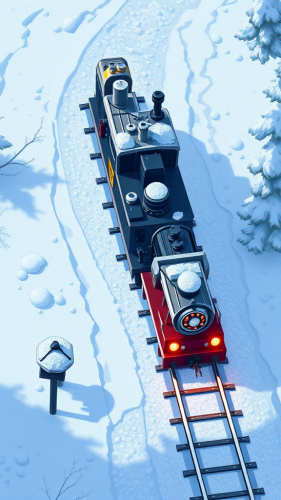 A side-view steampunk train in snowy pixel art.