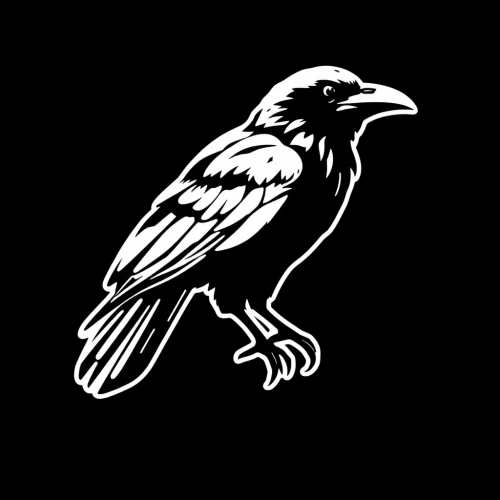 A simple black and white silhouette of a raven.
