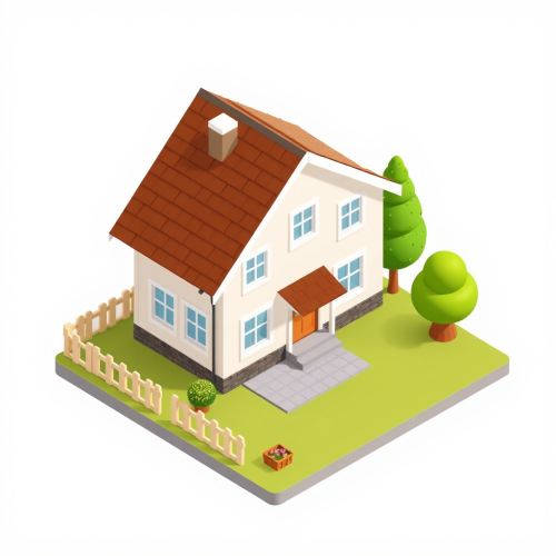 A simple house with brown roof in perspective.