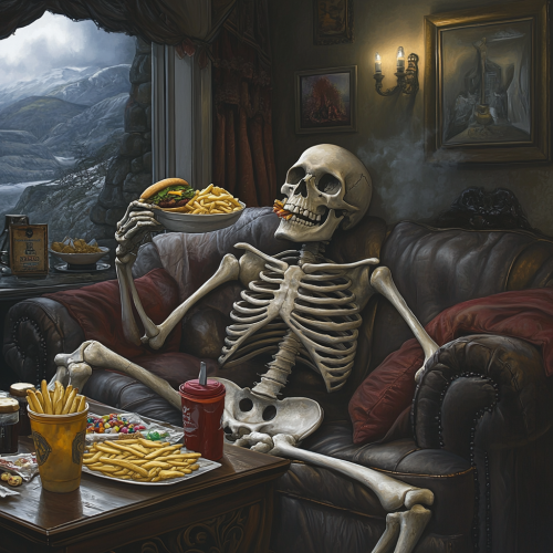 A skeleton enjoying a feast at home