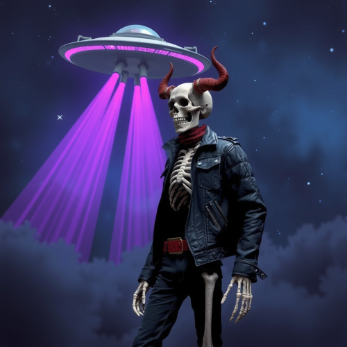 A skeleton with horns abducted by purple spaceship.