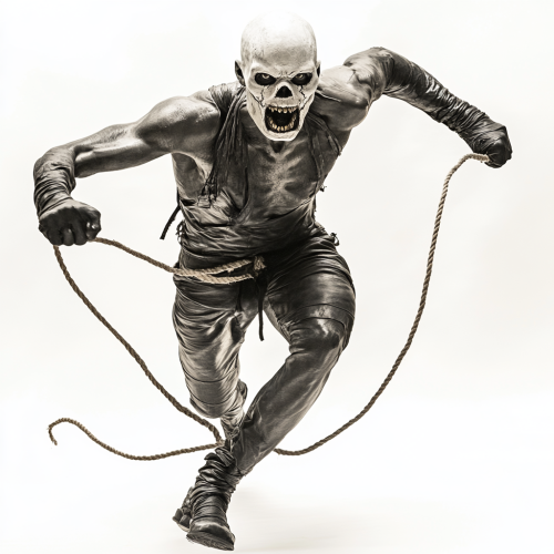 A skinny creature with skull face runs angrily