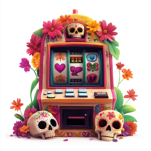 A slot machine with skulls and flowers on white