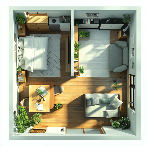 A small 25m2 square room cluttered with furniture. A small 25m2 square room cluttered with furniture.