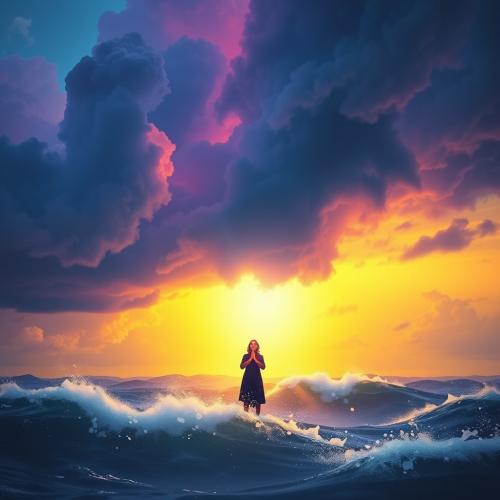 A small person praying in glowing storm heart.