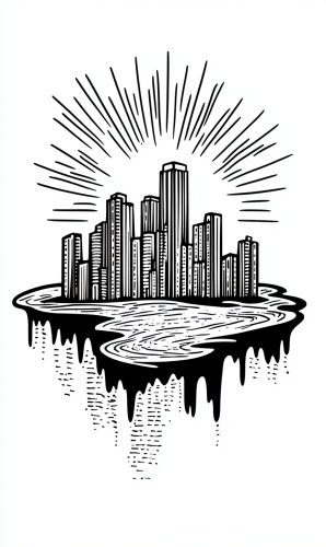 A small river with city and sun.