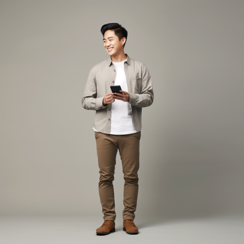 A smiling 30-year-old Asian man looking at phone
