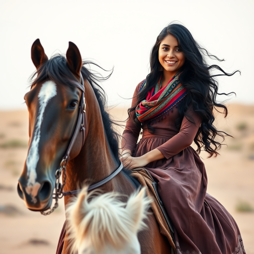 A smiling Iranian girl rides brown horse gracefully.