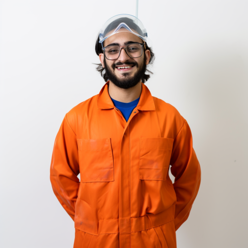 A smiling carpenter in orange and blue suit.