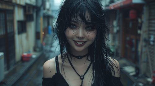 A smiling demon woman in a dark alley