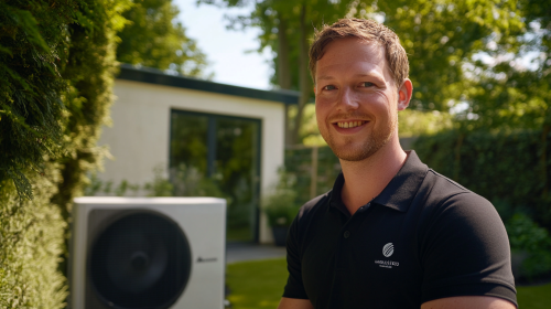 A smiling engineer in black shirt with pump