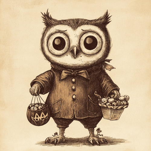 A smiling owl in Frankenstein costume holds candy