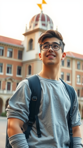 A smiling student faces university worries in 3D.