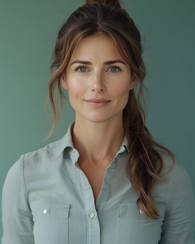 A smiling woman in business attire against green backdrop.