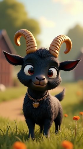 A sneaky black goat with golden horns smile.