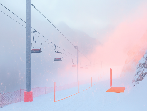 A snowy mountain with ski lift and mist
