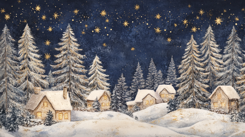 A snowy village with pine trees under stars.