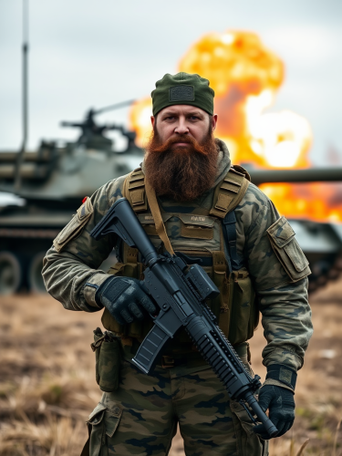 A soldier with gun in battlefield with tank.