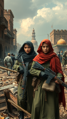 A soldier woman protects city with partner.