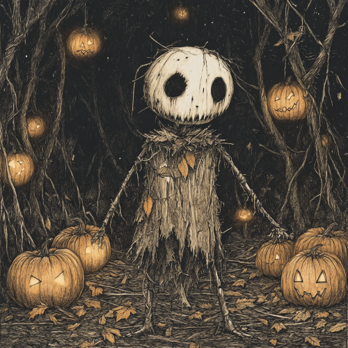 A spooky, whimsical scarecrow in dark, eerie setting