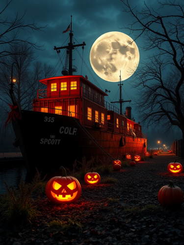 A spooky Halloween scene on a ship.