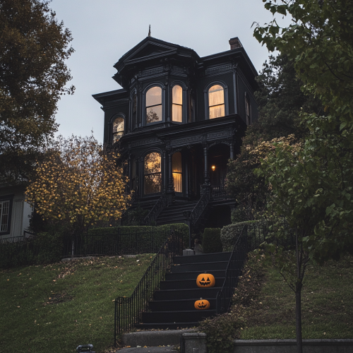 A spooky Victorian house on hill at night