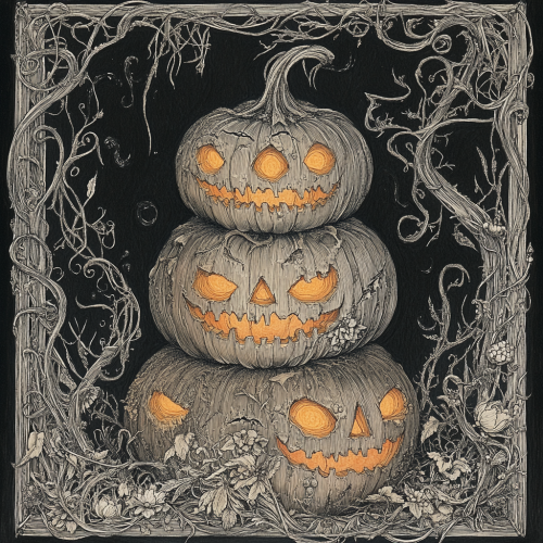 A spooky jack-o'-lantern sculpture with eerie details
