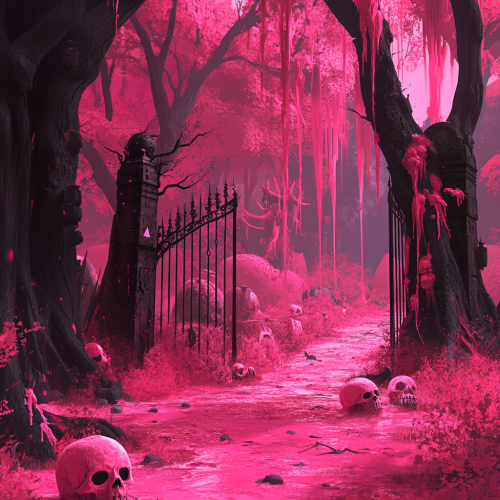 A spooky pink forest with skull decorations