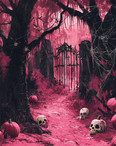 A spooky pink forest with skulls and jack-o-lanterns