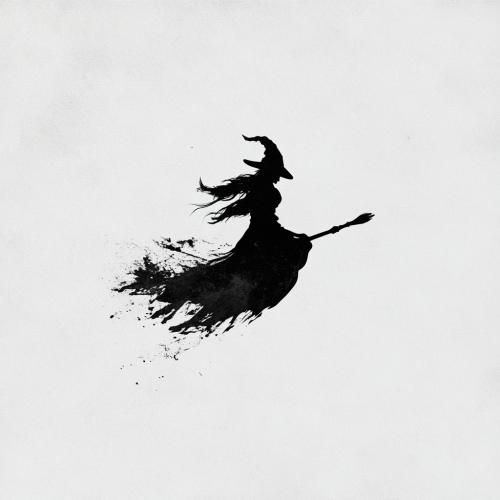 A spooky witch flying on broomstick, minimal design