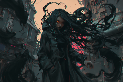 A spooky woman in dark town, hyper-realistic style. A spooky woman in dark town, hyper-realistic style.