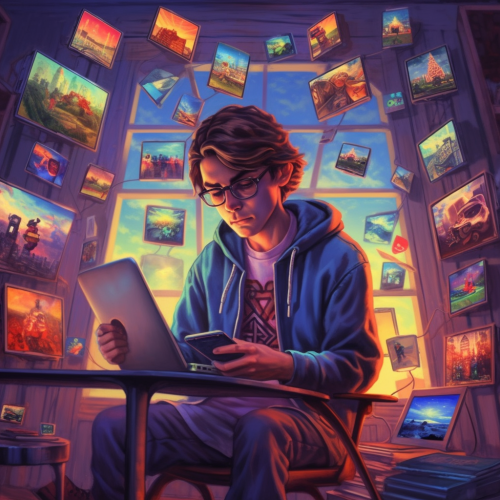 A student surrounded by screens and phone looks busy